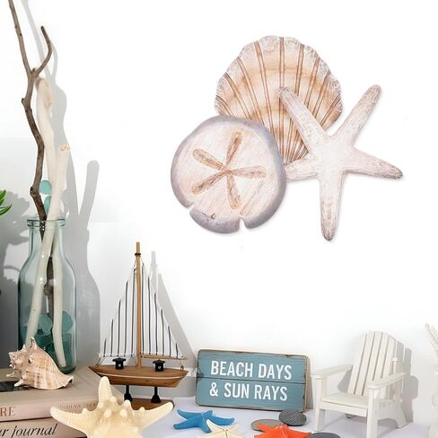 Novabright Coastal Sea Shell Wall Art Wooden Beach Starfish Sand Dollar Decor for Rustic Beachy Theme Bathroom Bedroom Living Room Nautical Wood Sign for Lake House Summer Home Decoration(Brown) in Kuwait