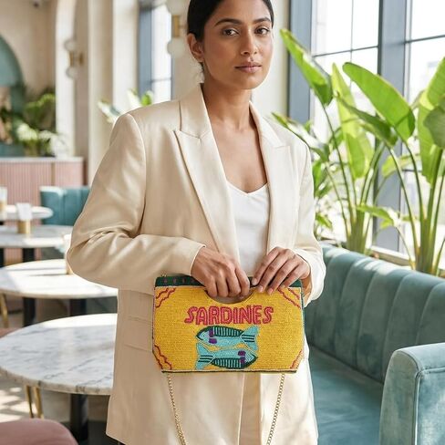 BTC Whimsical Sardines Beaded Crossbody Clutch Coastal Vacation Statement Purse with Gold Chain Strap in Kuwait