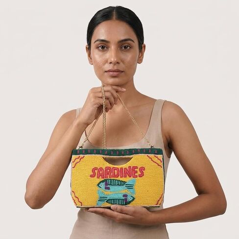 BTC Whimsical Sardines Beaded Crossbody Clutch Coastal Vacation Statement Purse with Gold Chain Strap in Kuwait