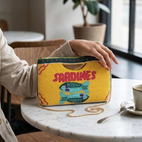 BTC Whimsical Sardines Beaded Crossbody Clutch Coastal Vacation Statement Purse with Gold Chain Strap in Kuwait