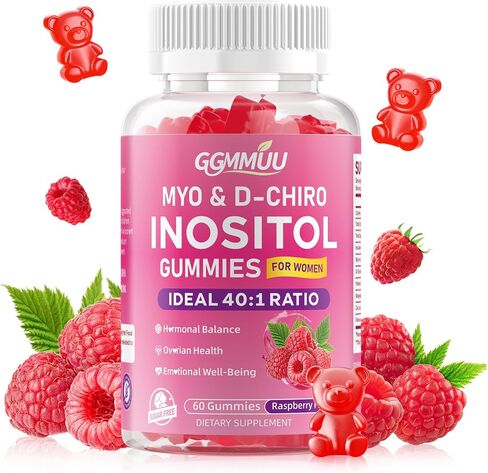 Myo-Inositol & D-Chiro Inositol Gummies for Women 2000mg + 50mg Ideal 40:1 Ratio with Vitamin D3, Magnesium Glycinate, Folate & Zinc for Female, Raspberry Flavor, 60 Count in Saudi Arabia
