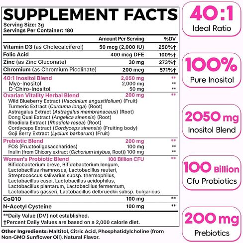 Liposomal Myo-Inositol & D-Chiro Inositol Powder | 180 Days Supply | 40:1 Ideal Ratio Inositol Supplement for Women, Probiotics & Herbs | Hormone Balance & Harmony, Fertility, Ovarian Health & Cycle in Kuwait