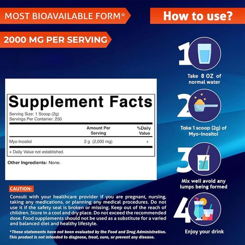 Vitamatic Myo-Inositol Powder 2000 mg per Serving | 500 g (250 Servings) | Pure Powder | No Sugar | No Fillers | Non-GMO | Dietary Supplement in Kuwait