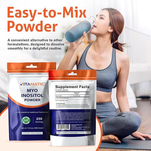 Vitamatic Myo-Inositol Powder 2000 mg per Serving | 500 g (250 Servings) | Pure Powder | No Sugar | No Fillers | Non-GMO | Dietary Supplement in Kuwait