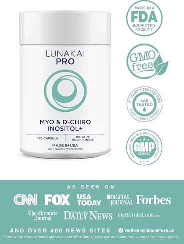 Lunakai PRO - Clinically Studied USA Made Myo-Inositol & D-Chiro Inositol Supplement for Women - 40:1 Ratio 4000mg with CoQ10 Folate & Vitamin D3 - Daily Hormone Balance & Ovarian Support - 120ct in Kuwait