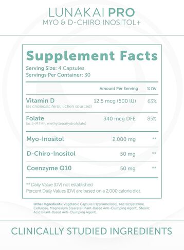 Lunakai PRO - Clinically Studied USA Made Myo-Inositol & D-Chiro Inositol Supplement for Women - 40:1 Ratio 4000mg with CoQ10 Folate & Vitamin D3 - Daily Hormone Balance & Ovarian Support - 120ct in Kuwait