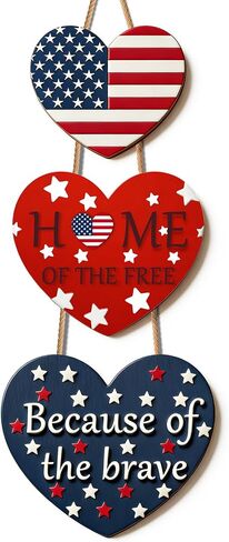 4th of July Decorations Patriotic Door Sign, American Flag Heart Hanging Wreath, Patriotic Decor Wooden Front Door Hanger for Independence Day Memorial Day Porch Wall Outdoor Indoor Home Decor in Saudi Arabia