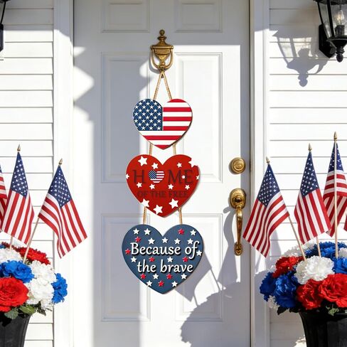 4th of July Decorations Patriotic Door Sign, American Flag Heart Hanging Wreath, Patriotic Decor Wooden Front Door Hanger for Independence Day Memorial Day Porch Wall Outdoor Indoor Home Decor in Saudi Arabia
