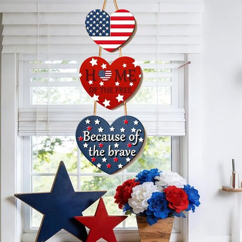4th of July Decorations Patriotic Door Sign, American Flag Heart Hanging Wreath, Patriotic Decor Wooden Front Door Hanger for Independence Day Memorial Day Porch Wall Outdoor Indoor Home Decor in Saudi Arabia