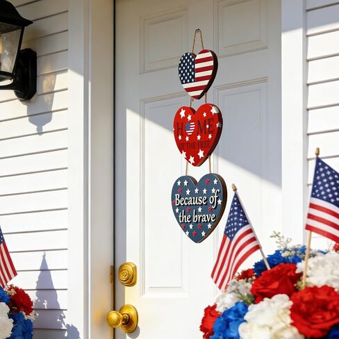 4th of July Decorations Patriotic Door Sign, American Flag Heart Hanging Wreath, Patriotic Decor Wooden Front Door Hanger for Independence Day Memorial Day Porch Wall Outdoor Indoor Home Decor in Saudi Arabia