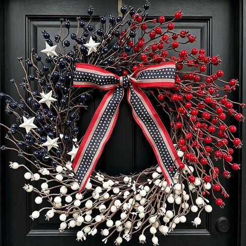 20 Inch Patriotic Wreath for Front Door, Red White Blue Berry Wreath with Star Bow, 4th of July Memorial Day Independence Day Wreaths, Farmhouse Summer Wreaths for Indoor Outdoor Home Decor in Kuwait