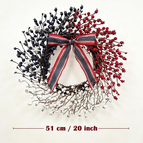 20 Inch Patriotic Wreath for Front Door, Red White Blue Berry Wreath with Star Bow, 4th of July Memorial Day Independence Day Wreaths, Farmhouse Summer Wreaths for Indoor Outdoor Home Decor in Kuwait