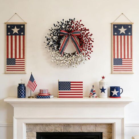 20 Inch Patriotic Wreath for Front Door, Red White Blue Berry Wreath with Star Bow, 4th of July Memorial Day Independence Day Wreaths, Farmhouse Summer Wreaths for Indoor Outdoor Home Decor in Kuwait