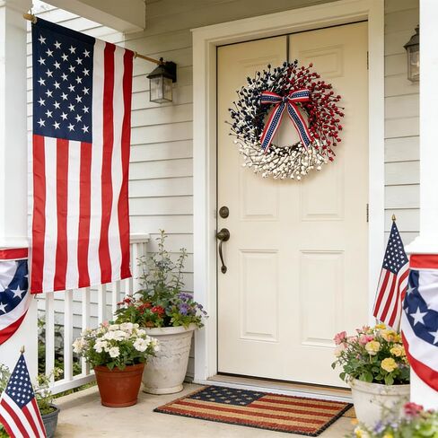 20 Inch Patriotic Wreath for Front Door, Red White Blue Berry Wreath with Star Bow, 4th of July Memorial Day Independence Day Wreaths, Farmhouse Summer Wreaths for Indoor Outdoor Home Decor in Kuwait