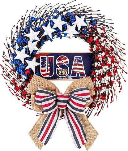 4th of July Wreath, 20 inch Patriotic Wreaths for Front Door, Red White Blue American Independence Day Memorial Day Flag Day 250th Anniversary Patriotic Home Decor Indoor Outdoor in Saudi Arabia