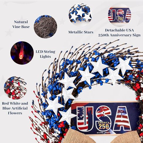 4th of July Wreath, 20 inch Patriotic Wreaths for Front Door, Red White Blue American Independence Day Memorial Day Flag Day 250th Anniversary Patriotic Home Decor Indoor Outdoor in Saudi Arabia