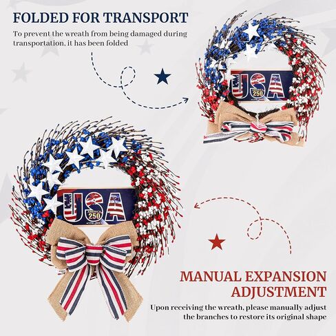 4th of July Wreath, 20 inch Patriotic Wreaths for Front Door, Red White Blue American Independence Day Memorial Day Flag Day 250th Anniversary Patriotic Home Decor Indoor Outdoor in Saudi Arabia