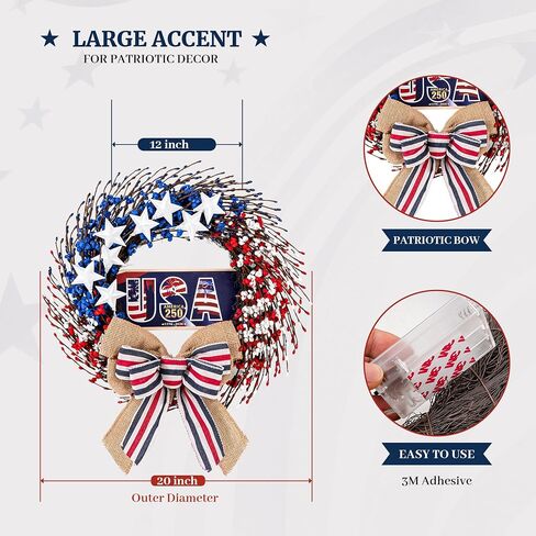 4th of July Wreath, 20 inch Patriotic Wreaths for Front Door, Red White Blue American Independence Day Memorial Day Flag Day 250th Anniversary Patriotic Home Decor Indoor Outdoor in Saudi Arabia