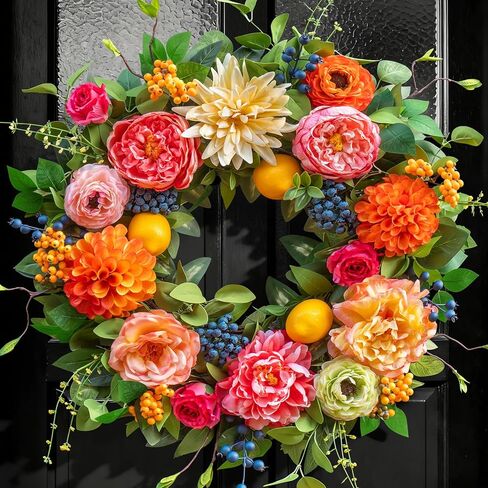 Summer Spring Wreaths for Front Door 26 Inch, Tulip Spring Summer Wreath with Welcome Sign, Artificial Floral Spring Door Wreath for Outdoor Front Door, Farmhouse Seasonal Summer Wreath in Saudi Arabia