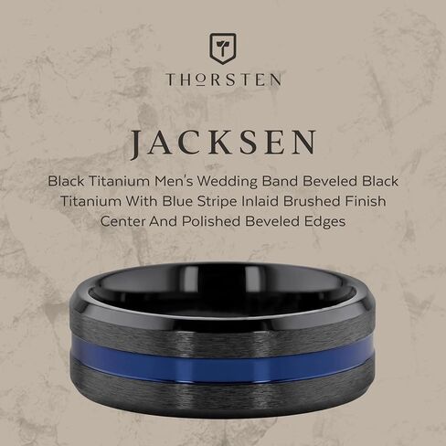 خاتم زفاف رجالي من التيتانيوم الأسود من JACKSEN مصنوع من التيتانيوم الأسود مع شريط أزرق مطعم بلمسة نهائية مصقولة في المنتصف وحواف مشطوفة مصقولة - 8 مم in Kuwait