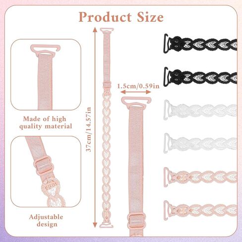 3 Pairs Lace Bra Straps Replacement, Adjustable Dress Straps for Women Elastic Lace Bra Strap for Slipping Prevention Decorative Floral Non-Slip Lingerie Strap (White, Beige, Black) in Kuwait