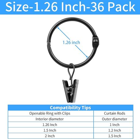 36 Pack 1.26 Inch Openable Curtain Rings with Clips, Rust Resistant Metal Open Drapery Rings Hooks with Curtain Clips, Fits Up to 1 Inch Interior Diameter Rods, Black in Saudi Arabia