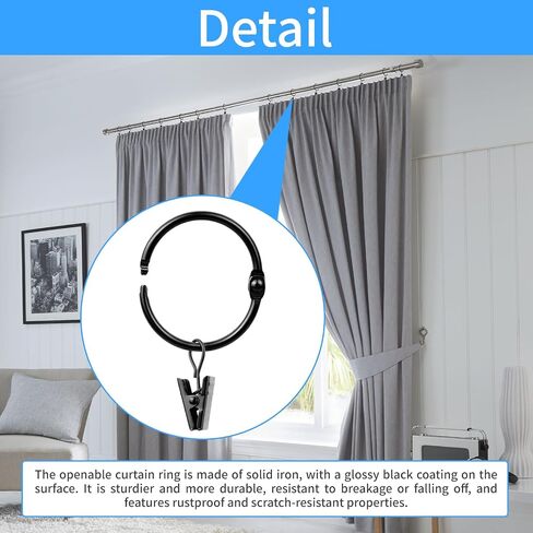 36 Pack 1.26 Inch Openable Curtain Rings with Clips, Rust Resistant Metal Open Drapery Rings Hooks with Curtain Clips, Fits Up to 1 Inch Interior Diameter Rods, Black in Saudi Arabia
