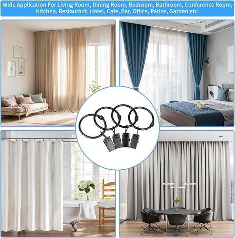 36 Pack 1.26 Inch Openable Curtain Rings with Clips, Rust Resistant Metal Open Drapery Rings Hooks with Curtain Clips, Fits Up to 1 Inch Interior Diameter Rods, Black in Saudi Arabia