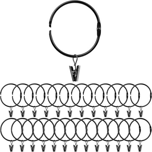 36 Pack 1.26 Inch Openable Curtain Rings with Clips, Rust Resistant Metal Open Drapery Rings Hooks with Curtain Clips, Fits Up to 1 Inch Interior Diameter Rods, Black in Saudi Arabia
