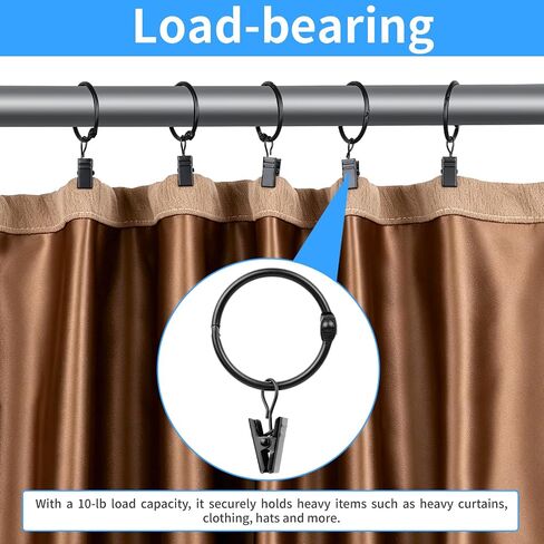 36 Pack 1.26 Inch Openable Curtain Rings with Clips, Rust Resistant Metal Open Drapery Rings Hooks with Curtain Clips, Fits Up to 1 Inch Interior Diameter Rods, Black in Saudi Arabia
