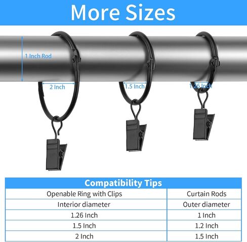 36 Pack 1.26 Inch Openable Curtain Rings with Clips, Rust Resistant Metal Open Drapery Rings Hooks with Curtain Clips, Fits Up to 1 Inch Interior Diameter Rods, Black in Saudi Arabia