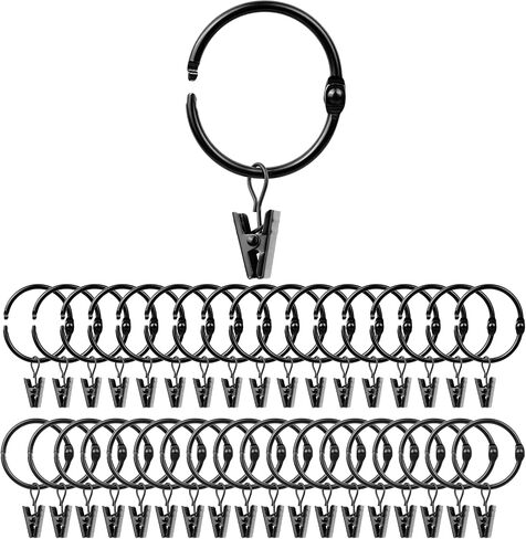 36 Pack 1.26 Inch Openable Curtain Rings with Clips, Rust Resistant Metal Open Drapery Rings Hooks with Curtain Clips, Fits Up to 1 Inch Interior Diameter Rods, Black in Saudi Arabia