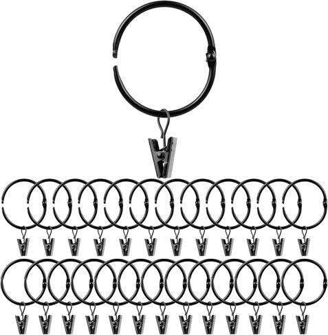 36 Pack 1.26 Inch Openable Curtain Rings with Clips, Rust Resistant Metal Open Drapery Rings Hooks with Curtain Clips, Fits Up to 1 Inch Interior Diameter Rods, Black in Saudi Arabia
