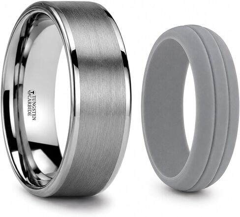 Thorsten AIRES | Tungsten Rings for Men with FREE Silicone Ring | Tungsten | Comfort Fit | Flat Brush Finish Center Carbide Wedding Ring Band in Kuwait