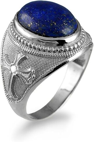 LA BLINGZ Sterling Silver Christian Cross Lapis Lazuli Oval Gemstone Statement Ring in Kuwait