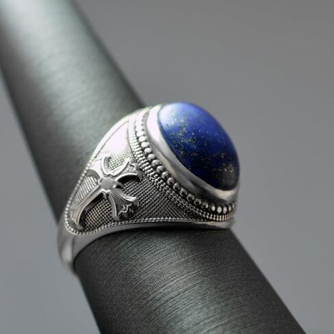 LA BLINGZ Sterling Silver Christian Cross Lapis Lazuli Oval Gemstone Statement Ring in Kuwait