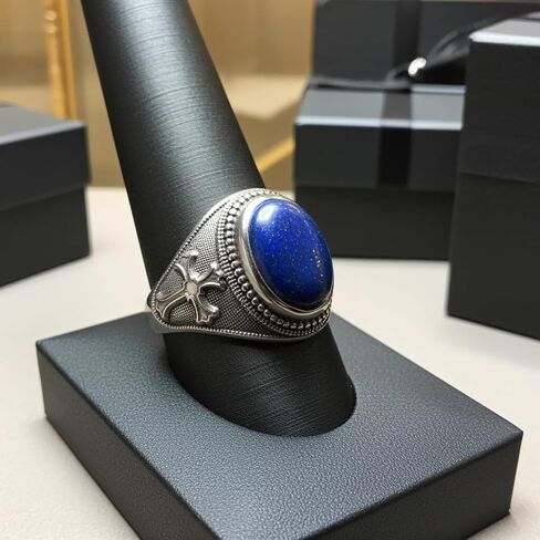 LA BLINGZ Sterling Silver Christian Cross Lapis Lazuli Oval Gemstone Statement Ring in Kuwait