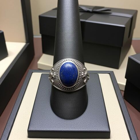 LA BLINGZ Sterling Silver Christian Cross Lapis Lazuli Oval Gemstone Statement Ring in Kuwait