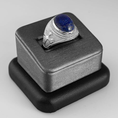 LA BLINGZ Sterling Silver Christian Cross Lapis Lazuli Oval Gemstone Statement Ring in Kuwait