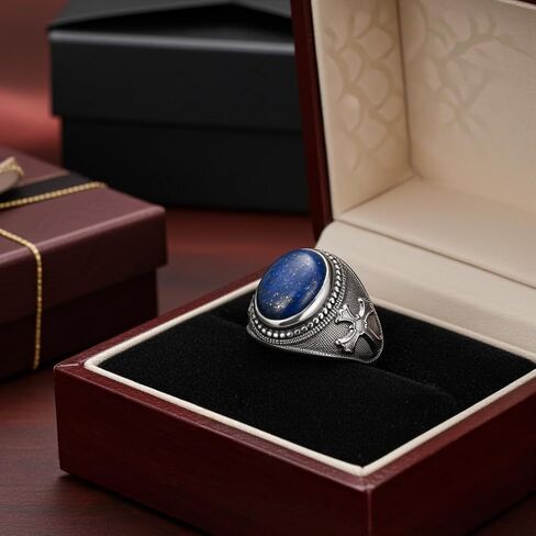 LA BLINGZ Sterling Silver Christian Cross Lapis Lazuli Oval Gemstone Statement Ring in Kuwait