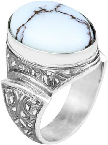 Men's Handmade Buffalo Turquoise Ring - 925 Sterling Silver Ottoman Style Engraved Signet Ring - Natural White Turquoise Gemstone Jewelry in Kuwait