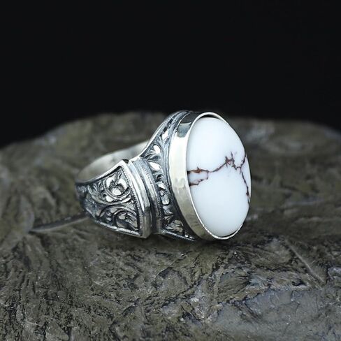 Men's Handmade Buffalo Turquoise Ring - 925 Sterling Silver Ottoman Style Engraved Signet Ring - Natural White Turquoise Gemstone Jewelry in Kuwait