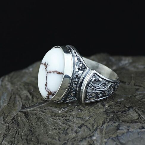 Men's Handmade Buffalo Turquoise Ring - 925 Sterling Silver Ottoman Style Engraved Signet Ring - Natural White Turquoise Gemstone Jewelry in Kuwait