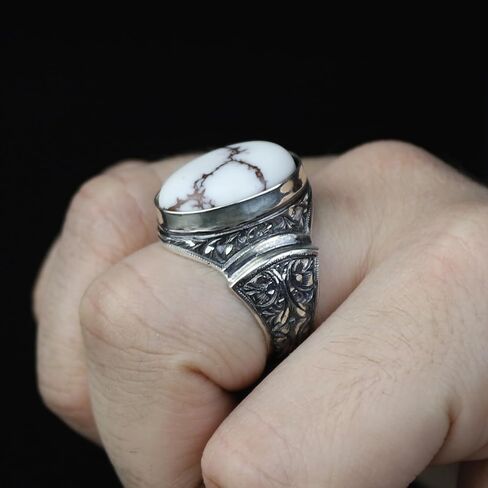 Men's Handmade Buffalo Turquoise Ring - 925 Sterling Silver Ottoman Style Engraved Signet Ring - Natural White Turquoise Gemstone Jewelry in Kuwait