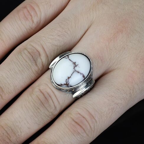 Men's Handmade Buffalo Turquoise Ring - 925 Sterling Silver Ottoman Style Engraved Signet Ring - Natural White Turquoise Gemstone Jewelry in Kuwait