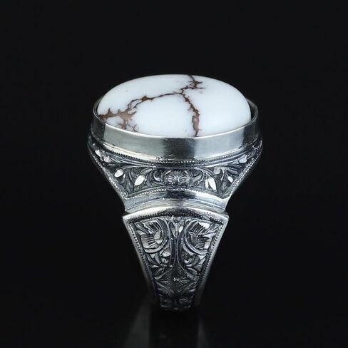 Men's Handmade Buffalo Turquoise Ring - 925 Sterling Silver Ottoman Style Engraved Signet Ring - Natural White Turquoise Gemstone Jewelry in Kuwait