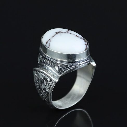 Men's Handmade Buffalo Turquoise Ring - 925 Sterling Silver Ottoman Style Engraved Signet Ring - Natural White Turquoise Gemstone Jewelry in Kuwait