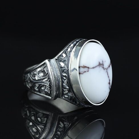 Men's Handmade Buffalo Turquoise Ring - 925 Sterling Silver Ottoman Style Engraved Signet Ring - Natural White Turquoise Gemstone Jewelry in Kuwait