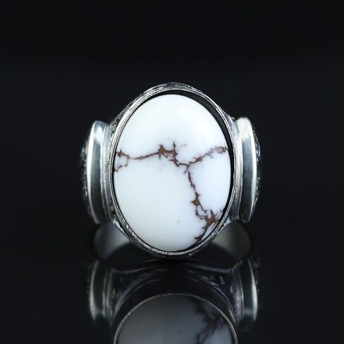 Men's Handmade Buffalo Turquoise Ring - 925 Sterling Silver Ottoman Style Engraved Signet Ring - Natural White Turquoise Gemstone Jewelry in Kuwait