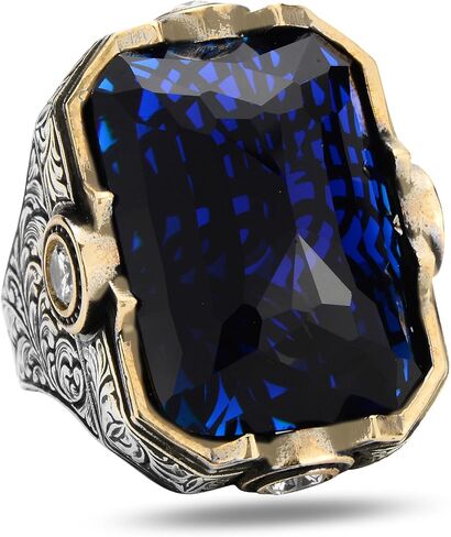 Men's Sapphire Stone Ring, Engraved Large Square Sapphire Ring, Ottoman Style Ring, Blue Cubic Zircon Ring, 925k Sterling Silver Ring in Kuwait